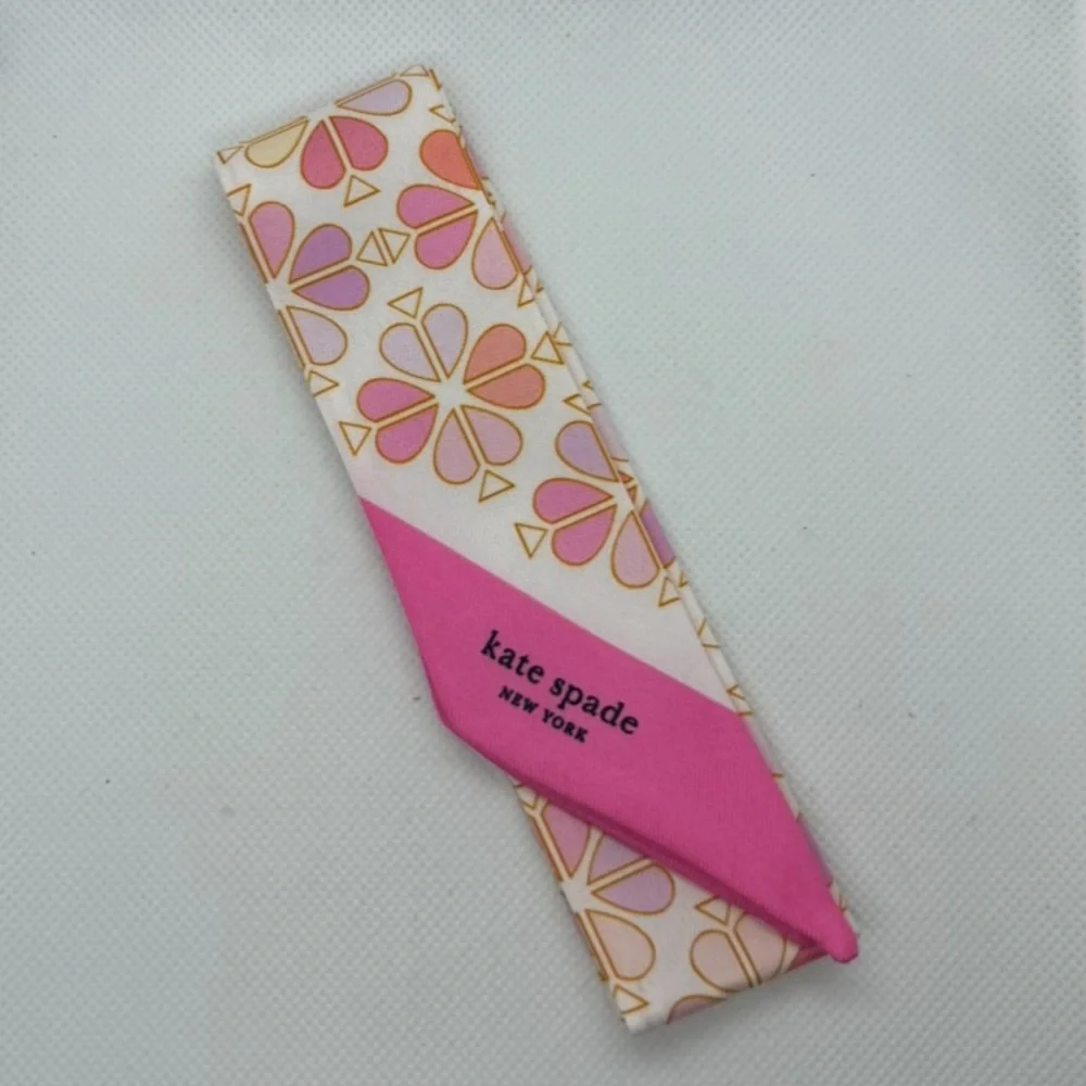 NEW Kate Spade Bloom Ribbon Bow Bag Hair Accessory Satin Silk Pink White Floral - Picture 2 of 2
